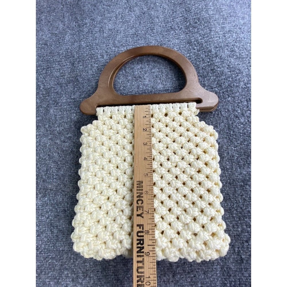 Vintage 70s‎ Macrame Handbag Cream Wooden Handles Boho Handmade Purse Festival - Picture 7 of 15